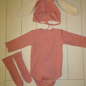 3 piece Easter Baby Outfit Ribbed Bodysuit Rabbit Ear Hat, Socks, Infant Size 80